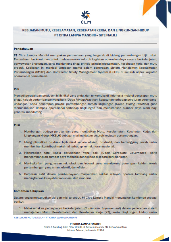 Kebijakan MUTU & K3LH PT CLM